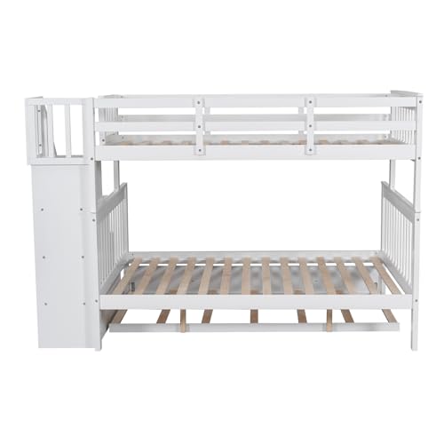 Ball & Cast Full Over Full Bunk Bed with Twin Size Trundle and Built in 4 Drawer,Wood Bunkbed w/Storage Ladder & Slat Support