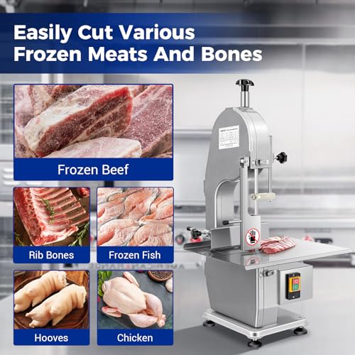 Commercial Electric Meat Saw, 750W Bone Saw For Butchering,110V Meat Bandsaw, Bone Cutting Machine with 2 Saw Blades,0.39-4.3 Cutting Thickness