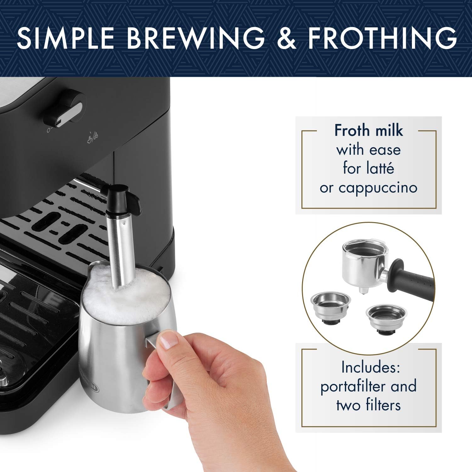 De'Longhi Stilosa Manual Espresso Machine, Latte & Cappuccino Maker, 15 Bar Pump Pressure + Manual Milk Frother Steam Wand, Black/Stainless