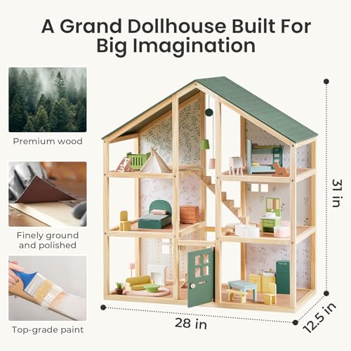 Tiny Land Wooden Dollhouse for Girls - 6 Rooms Wooden Doll House, DIY Pretend Doll House with 31Pcs Furniture Accessories
