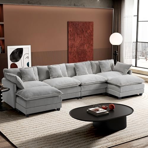 Ihanherry 111.4" U Shaped Modern Cloud Sofa Modular Sectional Couch with 2 Ottoman, 5-Seat Chenille Deep Seat Sofa with Pillow for Living Room