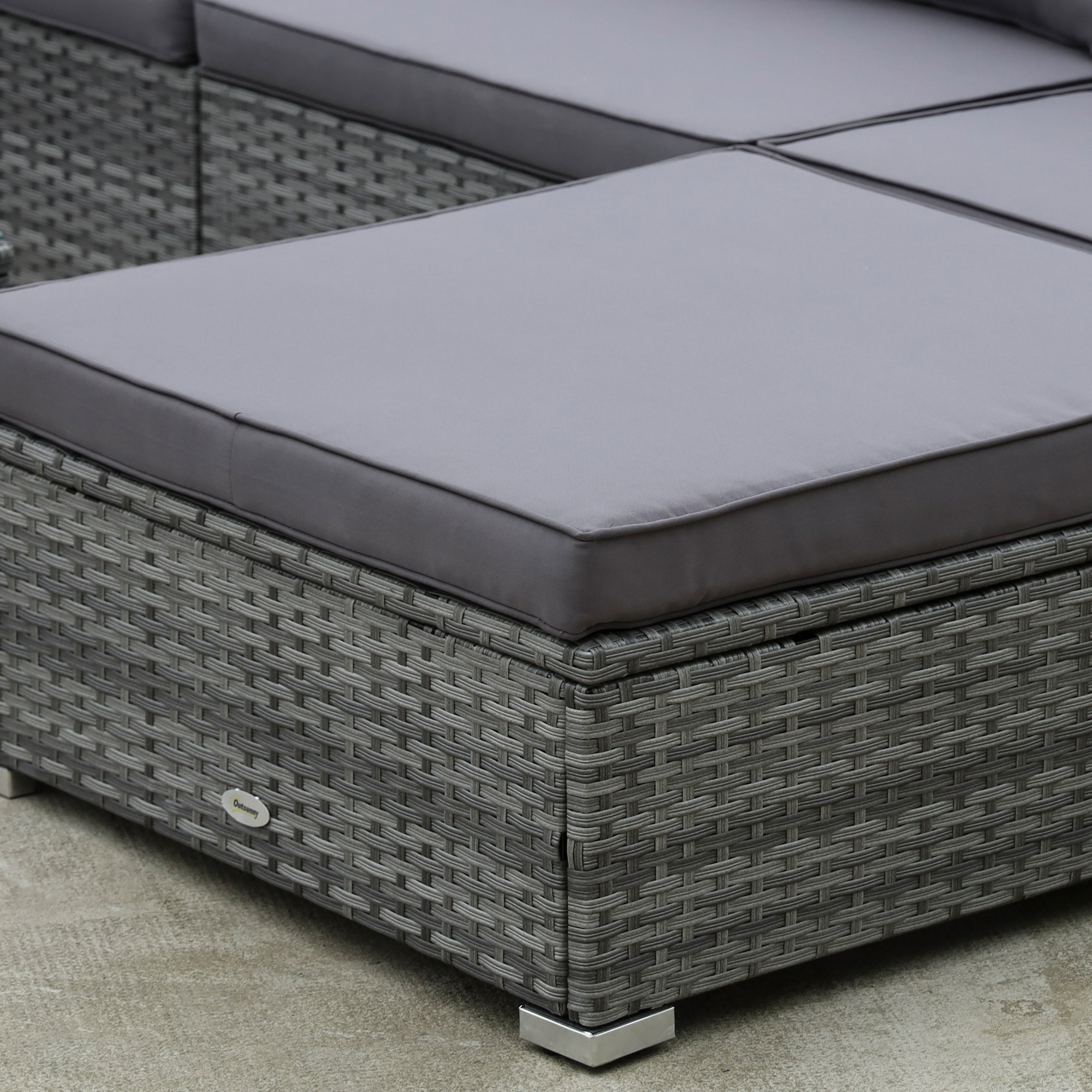 Outsunny Patio Furniture Set, 8 Pieces, Sectional Sofa, All Weather PE Rattan Conversation Set, Tempered Glass Table, 6 Seats, Ottoman Footstool