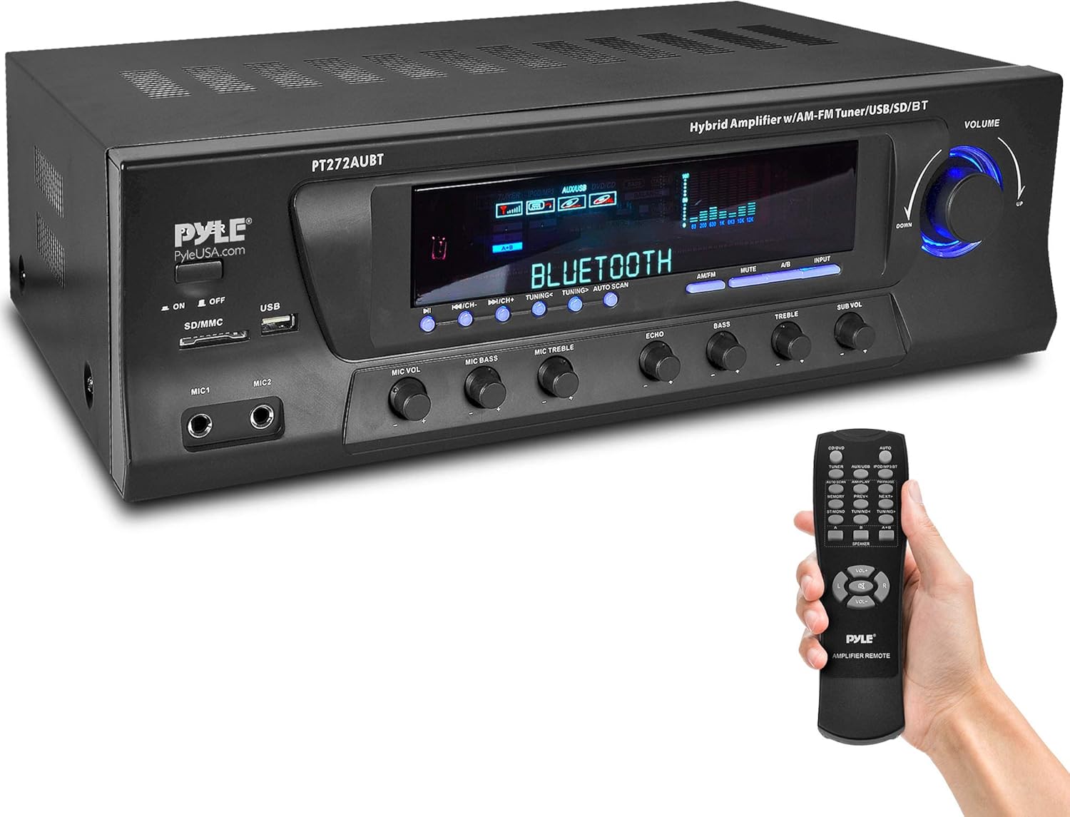 Wireless Bluetooth Audio Power Amplifier - 300W 4 Channel Home Theater Stereo Receiver with USB, AM FM, 2 Mic IN with Echo, RCA, LED