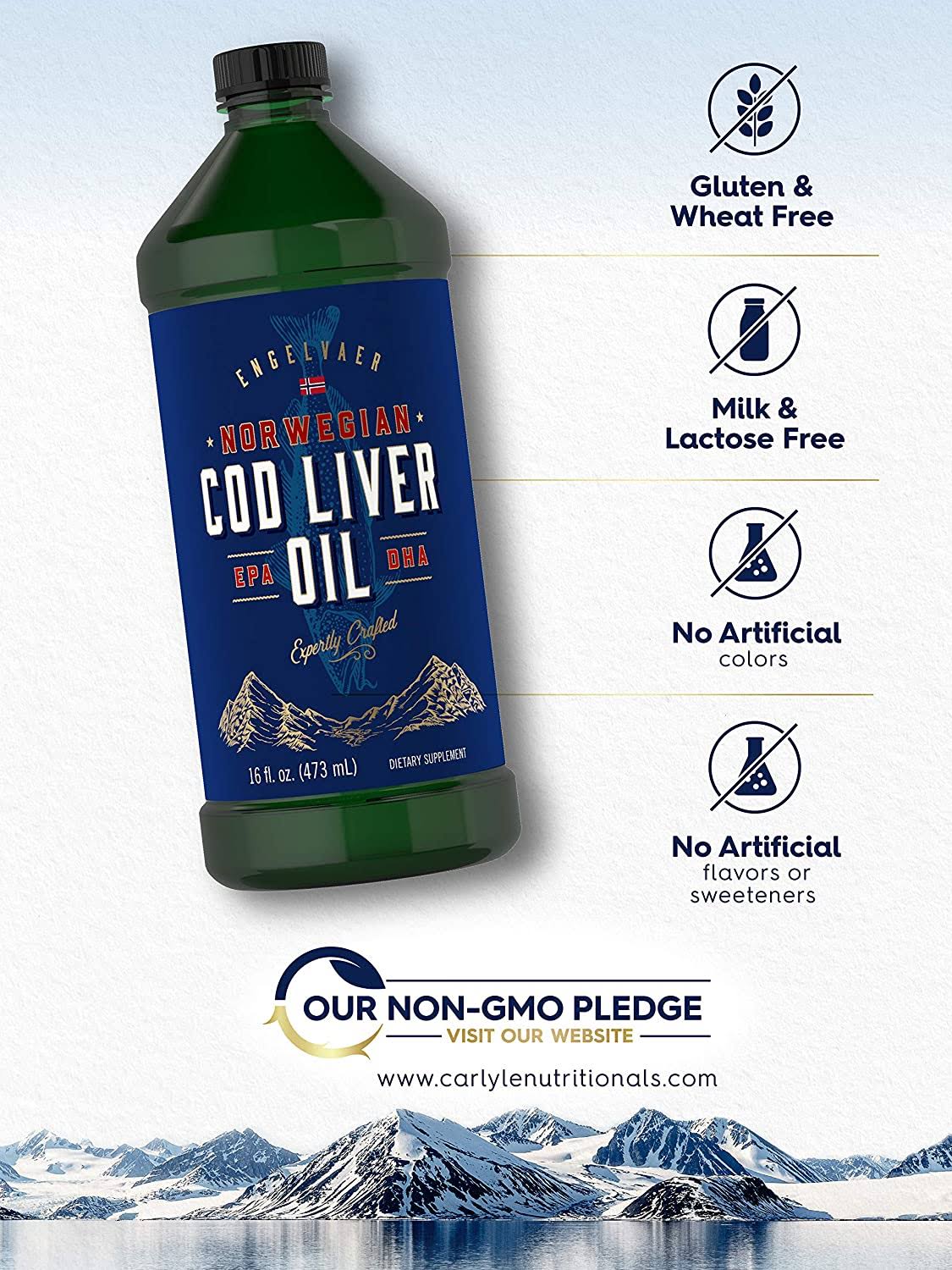 Carlyle Cod Liver Oil Norwegian 16 fl oz 3 Bottles Non-GMO, Gluten Free Liquid