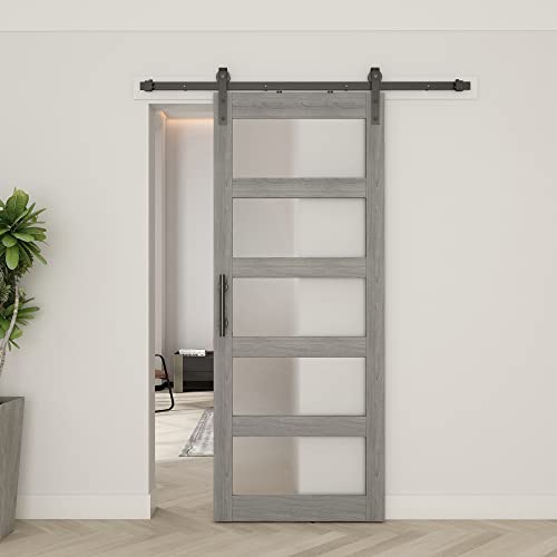 BARNSMITH 42in x 84in Glass Barn Door with 7FT Sliding Door Hardware Kit Included & Handle