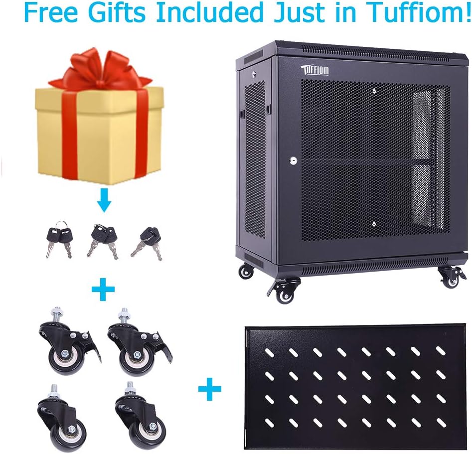 TUFFIOM 12U Casters Network Enclosure, 19 Inch Consumer Series Server Equipment Rack, Computer Date IT Network Cabinet Include 3 Side Panel Locks