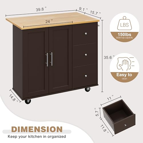 Shintenchi Rolling Kitchen Island Cart with Folding Drop Leaf Breakfast Bar, Portable Trolley Island with Large Storage Cabinet, Shelf and Drawer