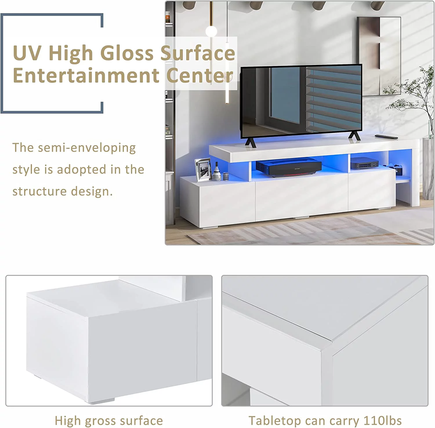 High Gloss LED TV Stand With 16 Colors LED Lights, For Tvs Up To 70 Inches