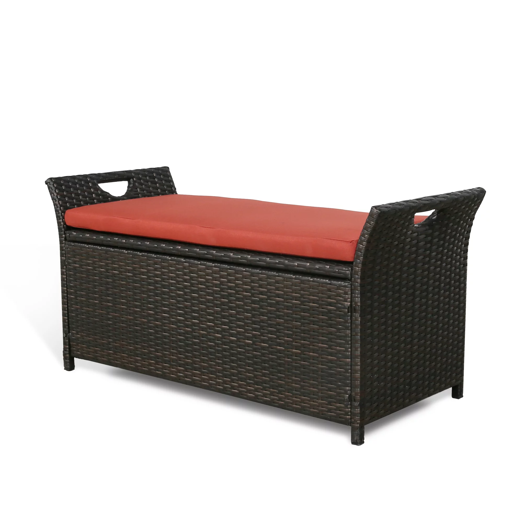 Ulax Furniture 27.6 Gallon Patio Wicker Storage Box, Outdoor Rattan Storage Bench Deck Bin with Cushion and Hydraulic Hinge Lid (Rust Red)