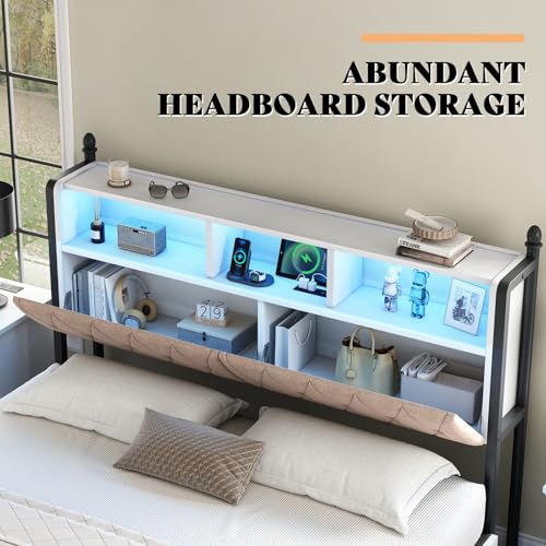 AMERLIFE Full Size Bed Frame with Bookcase Headboard, 4 Storage Drawers, Wooden Platform Bed with Charging Station & LED Light, No Box Spring Needed