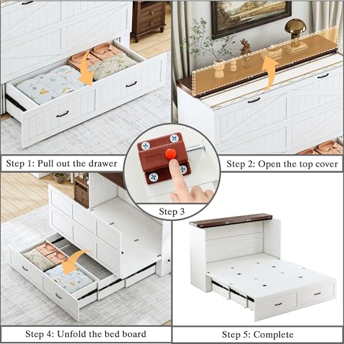 Full Murphy Bed with Storage & Charging Station, Farmhouse Murphy Cabinet Bed with Large Drawer, Hideaway Foldable Platform Bed for for Guest Room