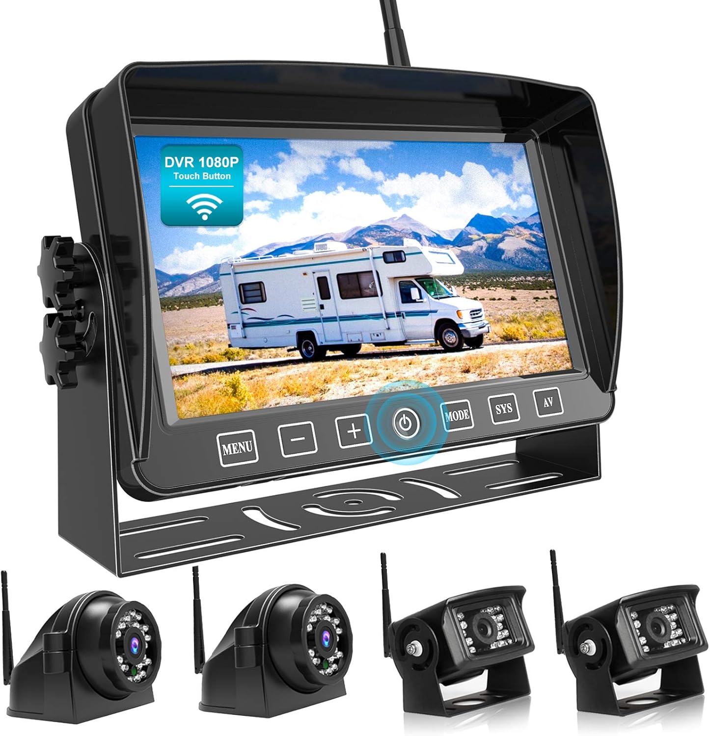 Fookoo HD 1080P 10" Wireless Backup Camera System, 10-inch Quad Split Monitor w/ Recording, IP69 Waterproof Rear View Side View Cameras