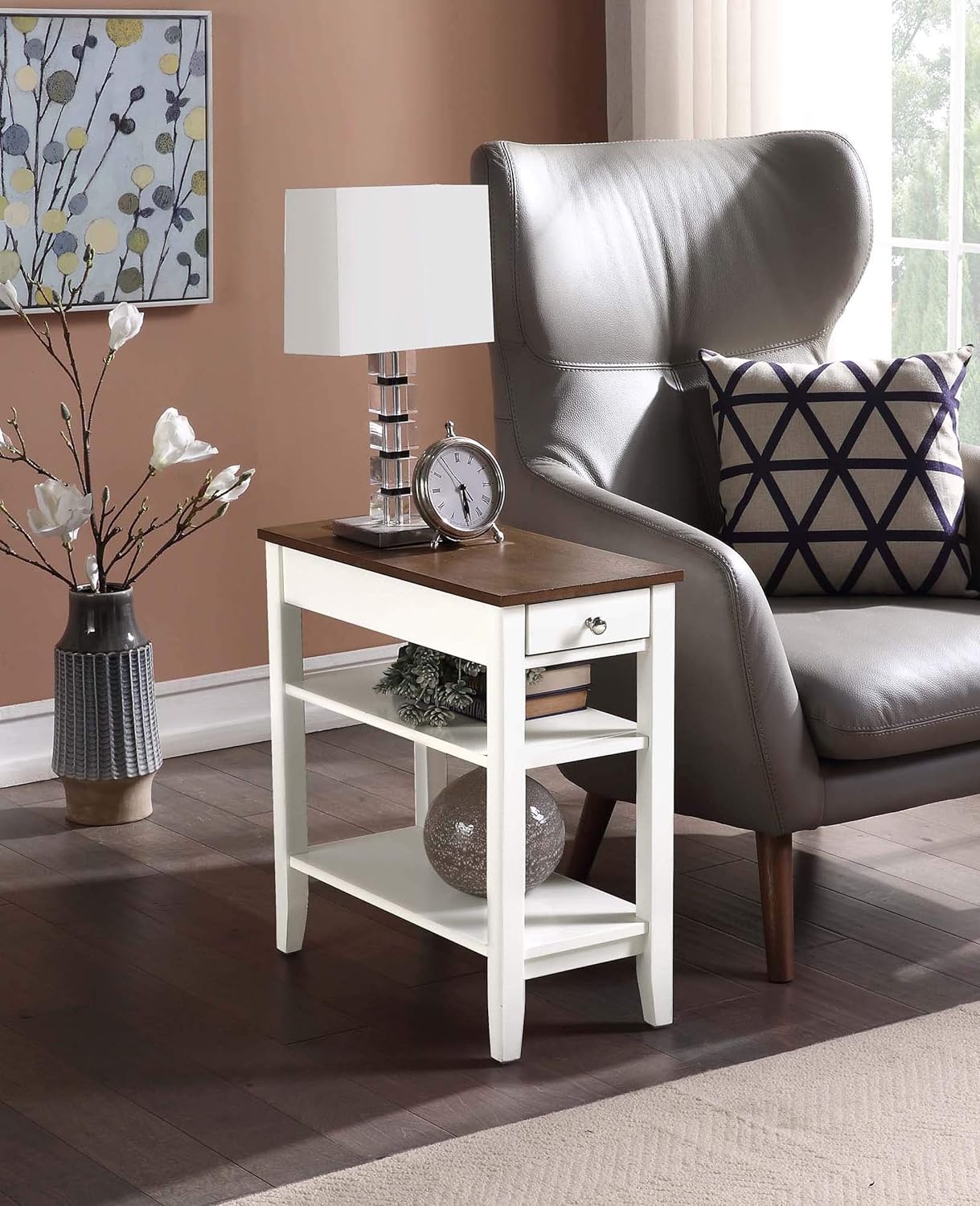 Convenience Concepts American Heritage Three Tier End Table With Drawer, Driftwood / White