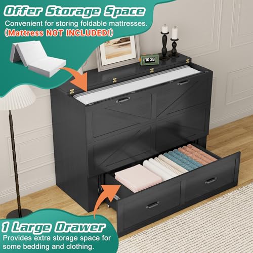 Full Size Murphy Chest Bed with Drawer and Charging Station, Farmhouse Wood Space-Saving Hidden Folding Bed Chest