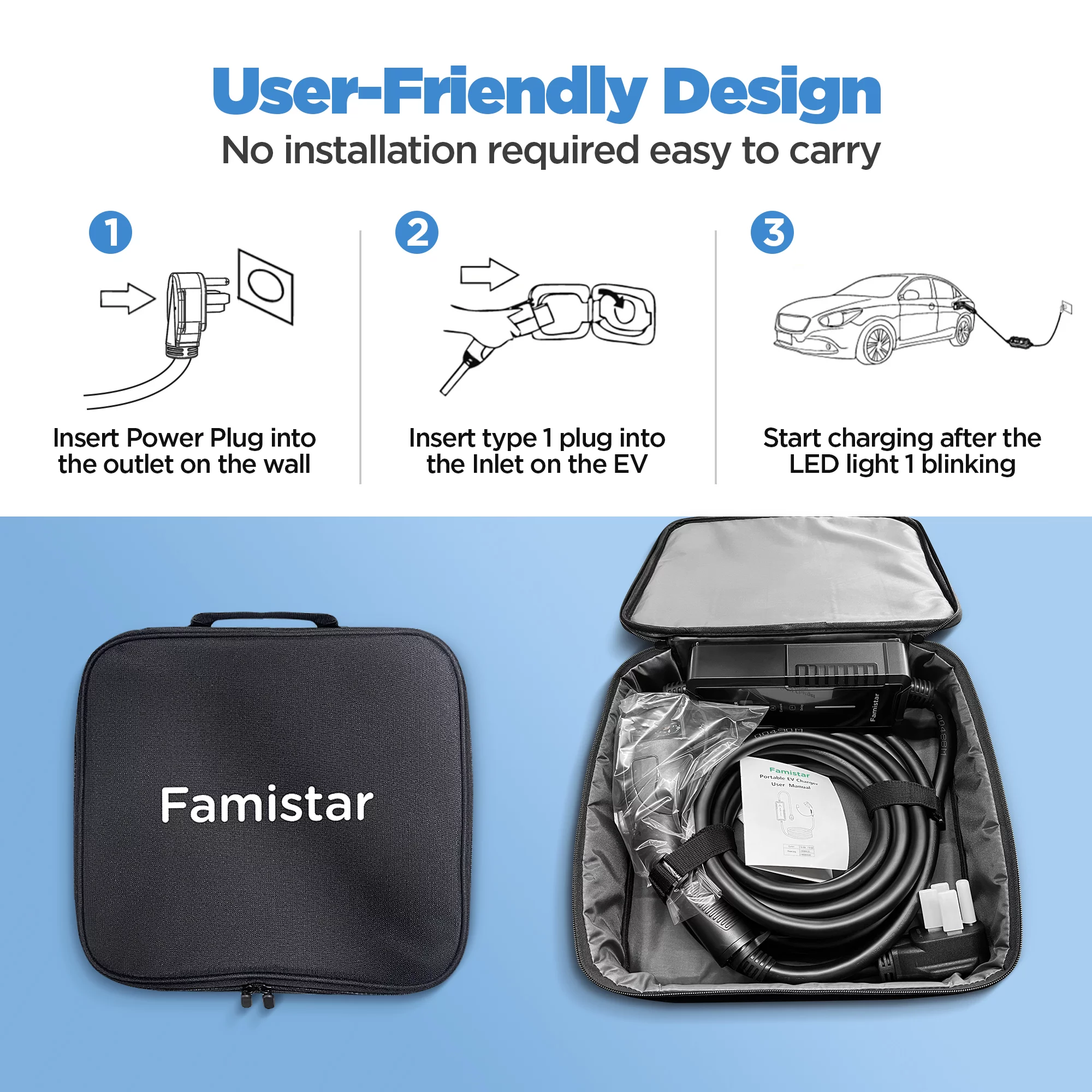 Famistar Level 1 & 2 EV Charger, 25 ft Adj. 8-16A 100-240V Portable Electric Car Fast Charger