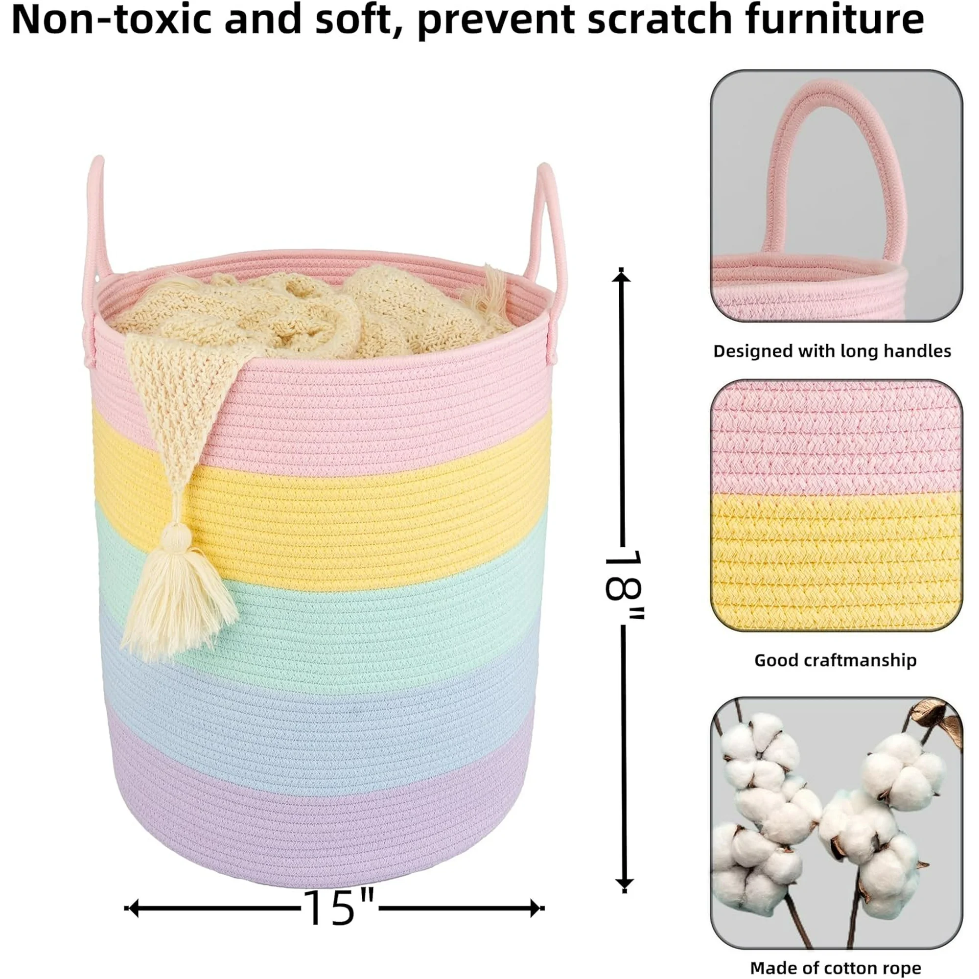 WarmHaven Rope Laundry Basket Hamper for Kids Girl Woven Storage Basket for Living Room Bedroom Boho Tall Baskets for Blanket Toys Pillow Towels Baby