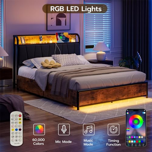 Queen Size Bed Frame with Headboard and Storage 4 Drawers Platform Bed Frame with Storage Chargin Station LED Light Bed Frame