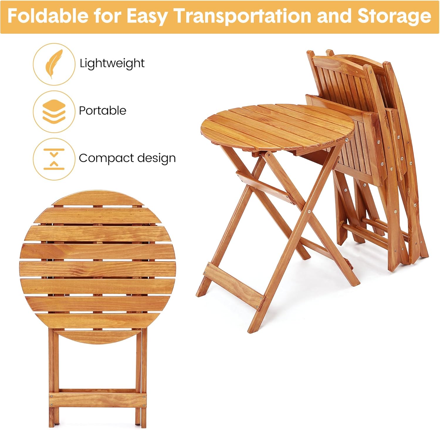 3Pcs Patio Bistro Set, Wood Folding Table Set, Outdoor Furniture Round Table for Garden Yard