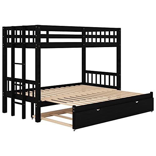 Twin over Double Twin Bunk Bed with Trundle, Convertible Down Bed, Pull-Out Multi-Functional Bunk Bed for 4 People