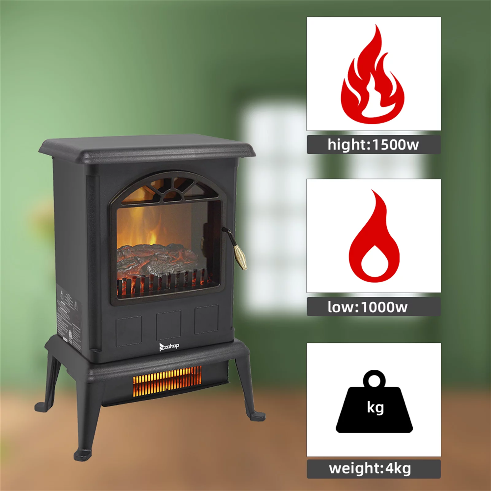 1500w Electric Stove Heater, 16.6" Freestanding Indoor Fireplace with Realistic 3D Flame Effect and Overheating Protection, Infrared Space Heater