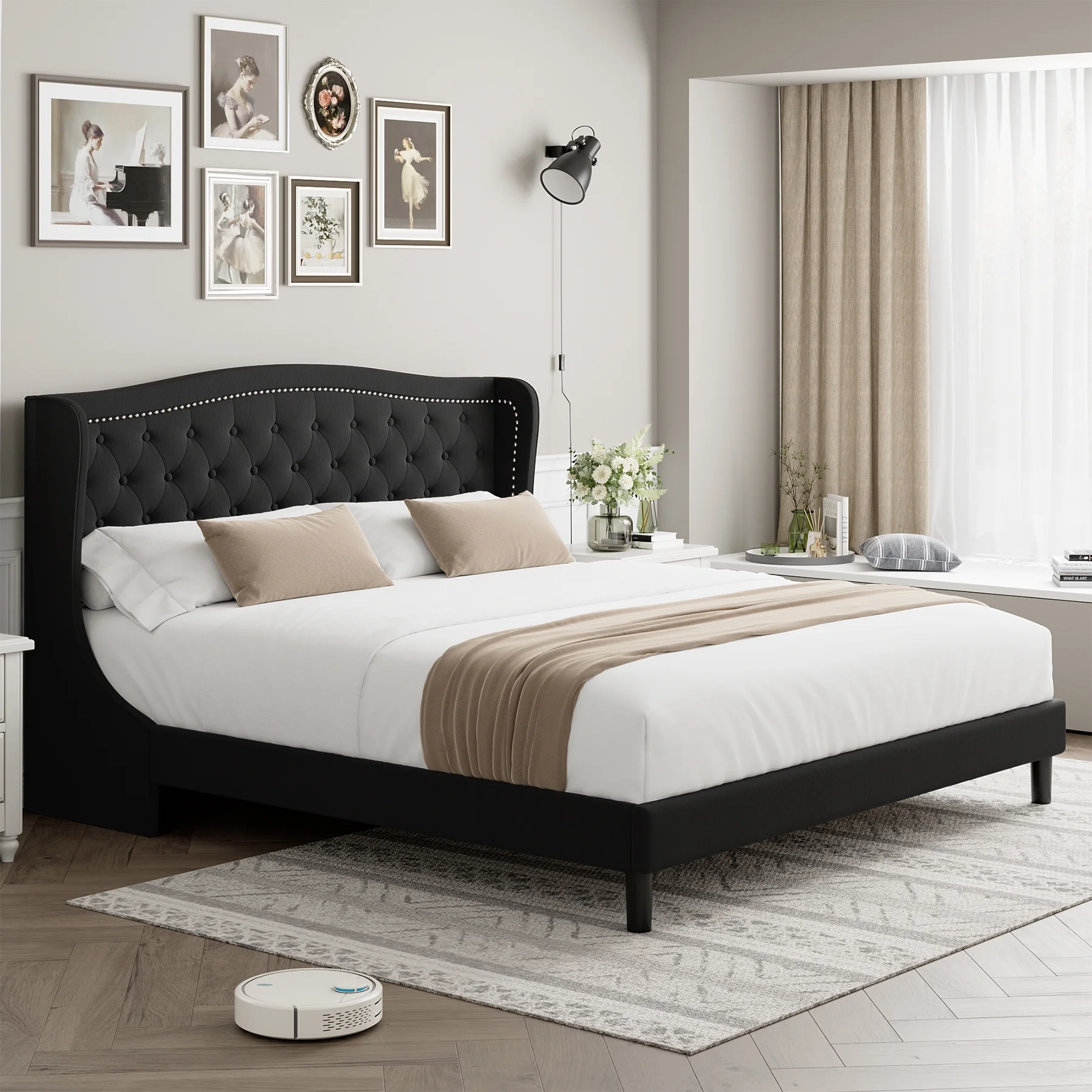 Homfa Full Bed Frame, Wing-Back Button Tufted Upholstered Headboard, Modern Platform Bed Frame with Wood Slat Support for Bedroom, Black