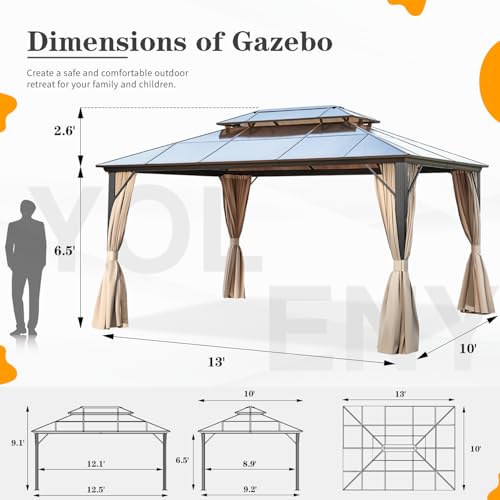 YOLENY 10'x13' Hardtop Gazebo, Outdoor Polycarbonate Double Roof Canopy, Aluminum Frame Permanent Pavilion with Curtains and Netting