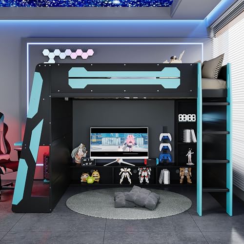Modern Full Size Gaming Loft Bed with Built-in Desk and Storage Wardrobe, Wood Loft Bed Frame with Light Strip and 2 Drawers