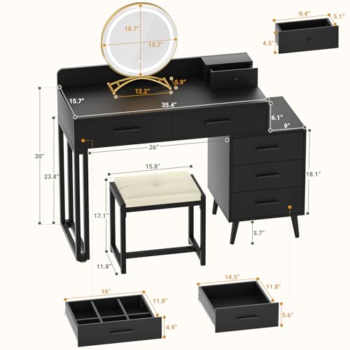 White Vanity Desk with Mirror and Lights, Modern Makeup Vanity Table Set with 6 Storage Drawers and Cushioned Stool for Bedroom