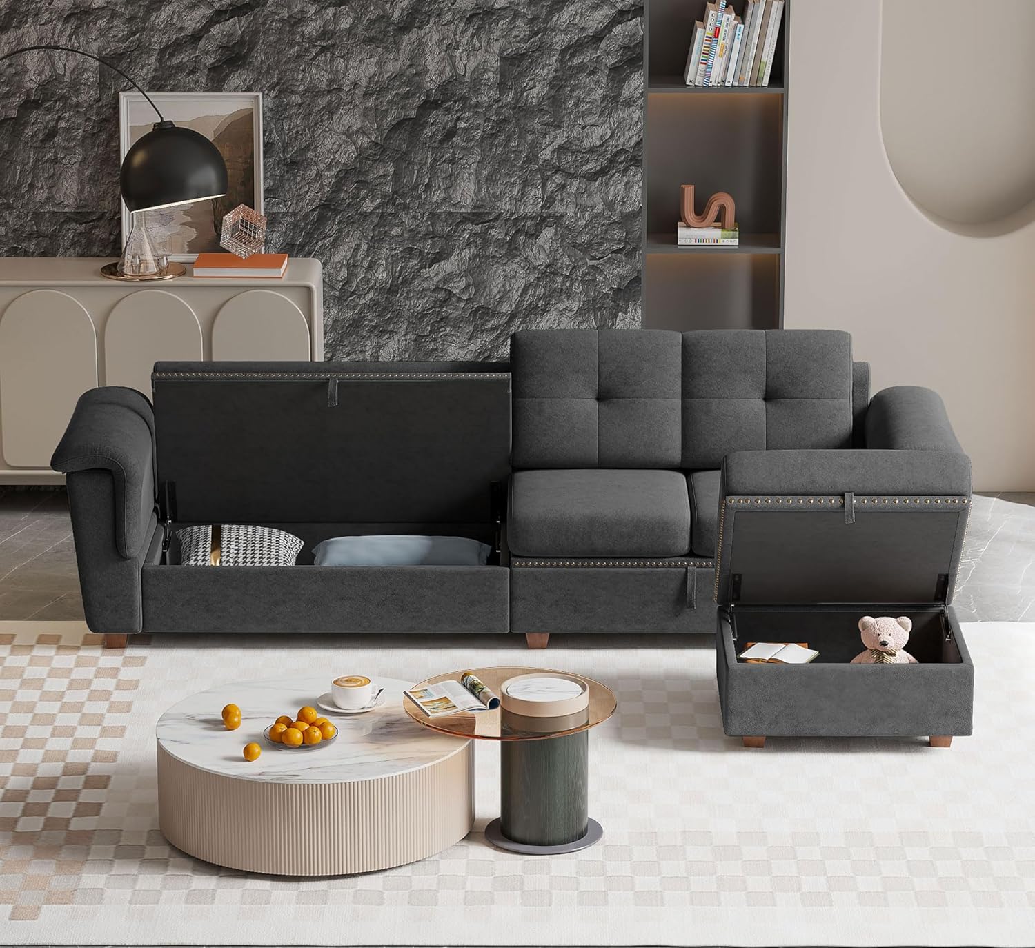 Convertible Sectional Sofa, 4 Seat L Shaped Couch with Reversible Storage Chaise and Cupholder, Wooden Legs, Upholstered Fabric for Living Room