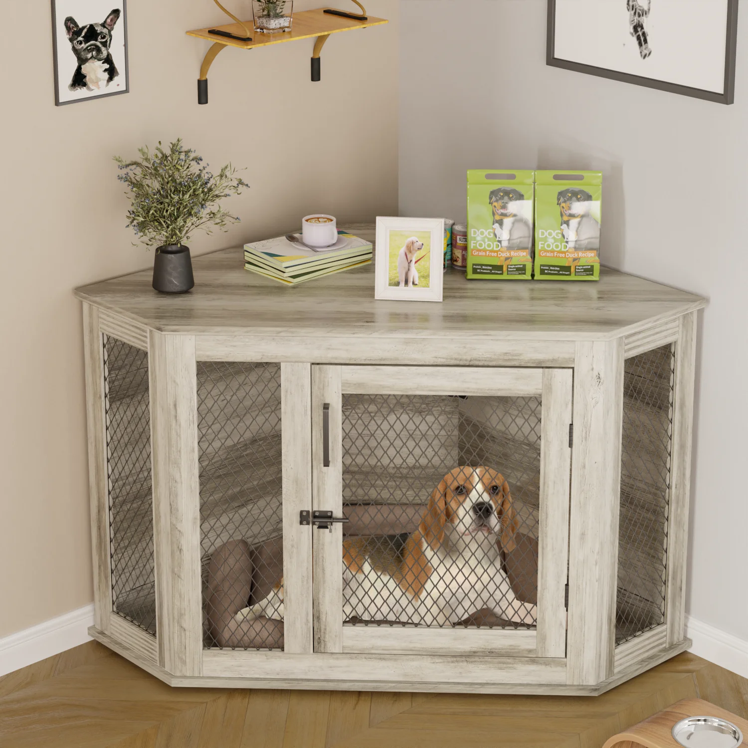 Bossin 44"Corner Dog Crate Furniture，Wooden Dog Kennel Indoor Furniture，Decorative Dog Crate