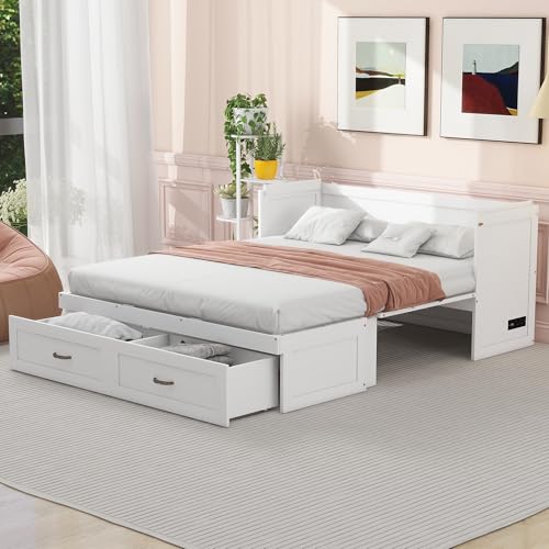 Harper & Bright Designs Queen Size Murphy Bed Cabinet Wall Bed Chest with USB, Charging Station and Large Storage Drawer for Home Office (White)