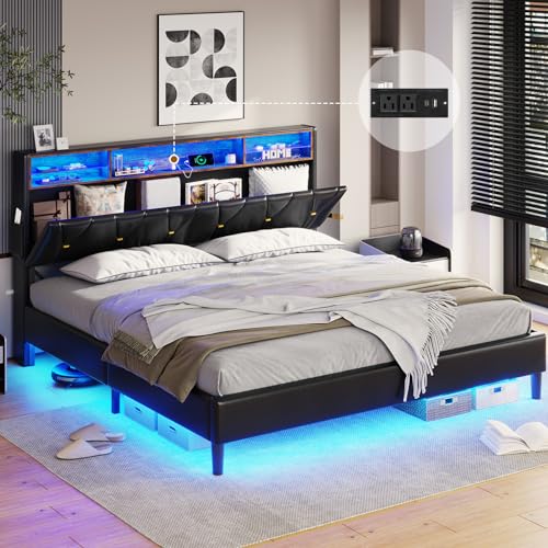 Full Size Bed Frame with Headboard Storage & LED Lights, Platform Bed Frame Full Size with Charging Station
