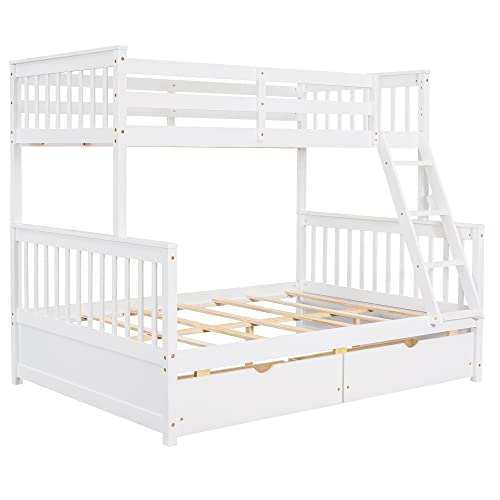 Ball & Cast Full Over Full Bunk Bed with Twin Size Trundle and Built in 4 Drawer,Wood Bunkbed w/Storage Ladder & Slat Support