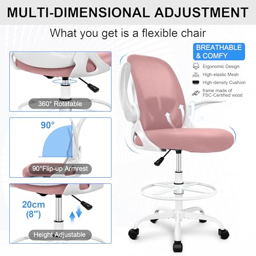 Primy Drafting Chair Tall Office Chair with Flip-up Armrests Executive Ergonomic Computer Standing Desk Chair with Lumbar Support and Adjustable