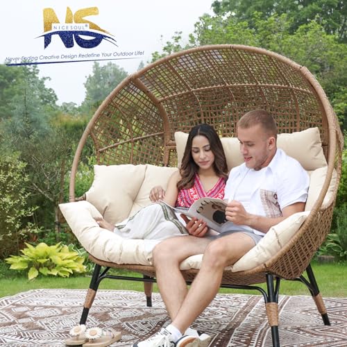 NICESOUL® Double Egg Chair Indoor Outdoor Stationary Oversized Thicken Padded Cushions, 2 Person Egg Loveseat Chair