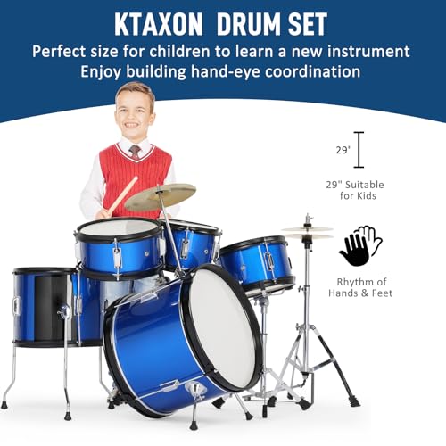 Ktaxon 5-Piece Complete Junior Drums Set, 14 Inch Beginners Drum Kit with Throne Stool, Pedal & Drumsticks, Kids Drums Musical Instruments W/Cymbal