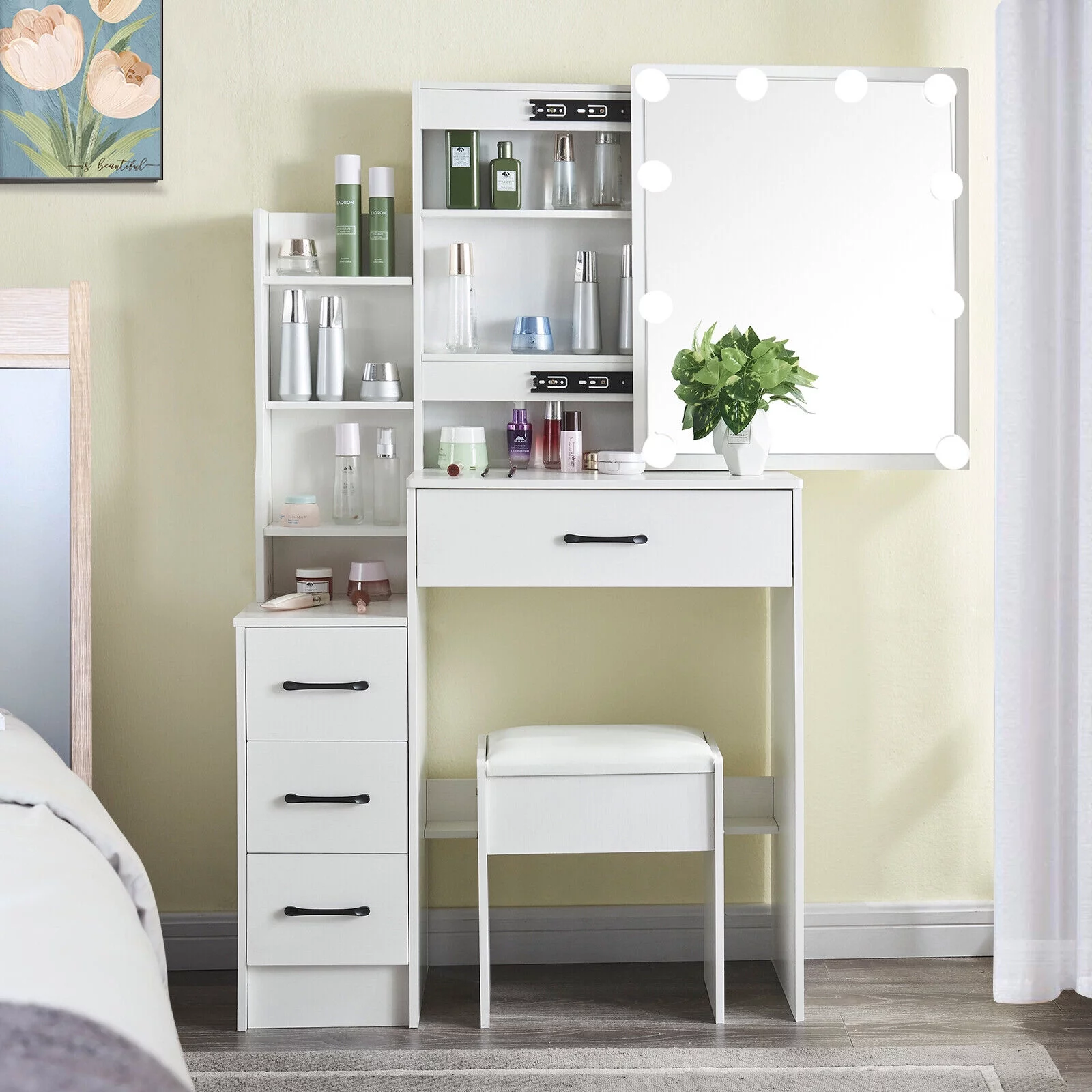 4 Drawers Makeup Vanity Desk with Power Outlet & Stool Mirror and 10 Bulbs Light
