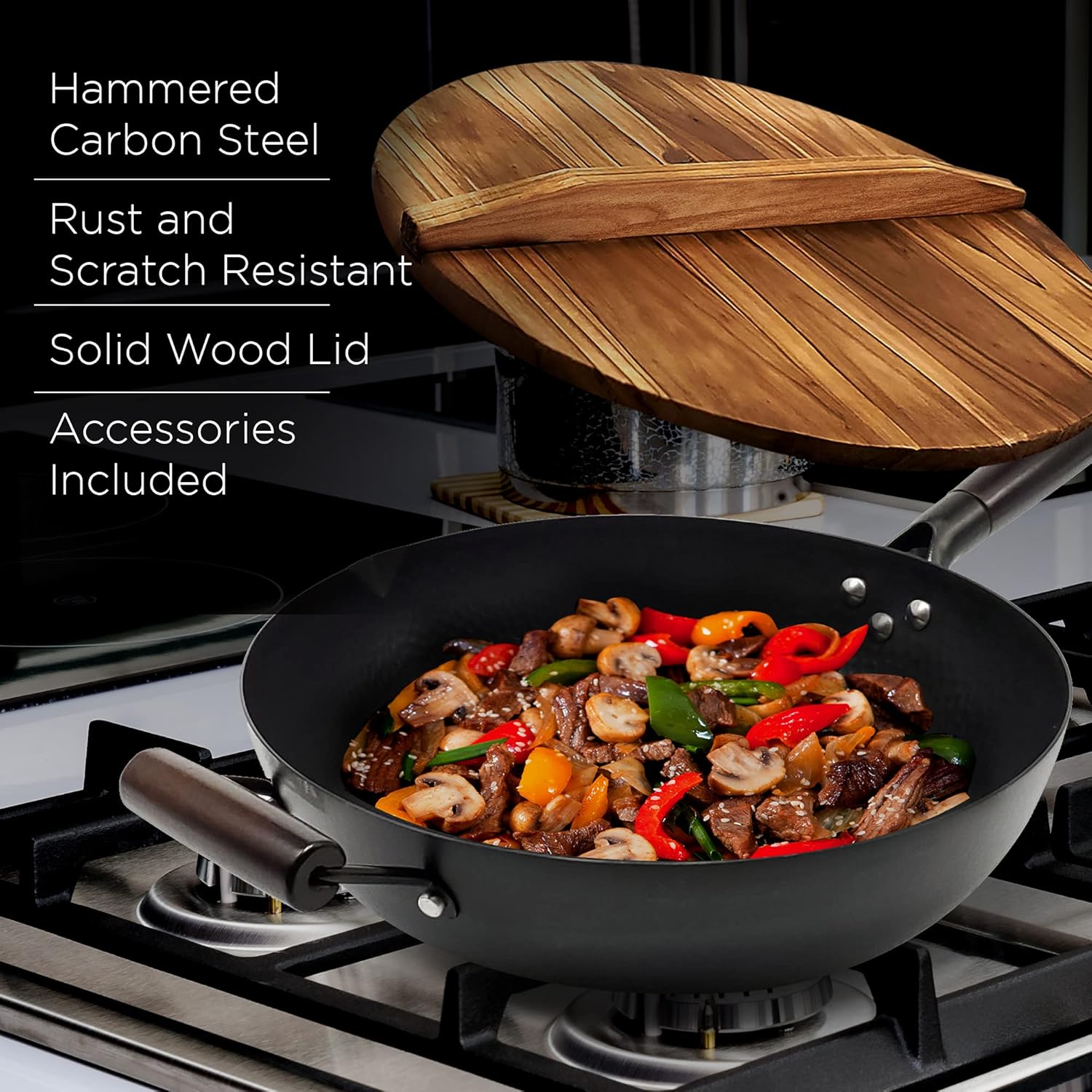 HOME EC Carbon Steel Wok Pan With Lid, Stir Fry Wok Set, Steel Spatula, and Cleaning Brush