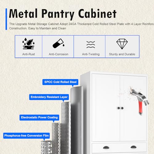 Pantry Cabinet, 71 Inch Tall Kitchen Storage Cabinet, Metal Pantry Cabinet with Doors and Adjustable Shelves, Black Food Cupboard