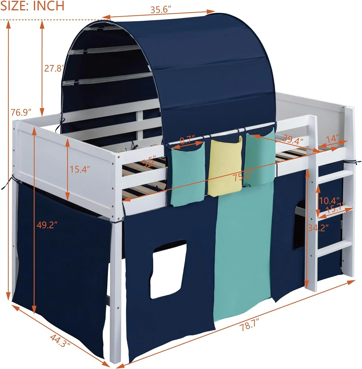 Low Loft Bed Frame With Tent & Tower. Wood Kids Loft Bed With Three Pockets. Storage Bed Frame For Kids.Teens. Boys Girls. Blue
