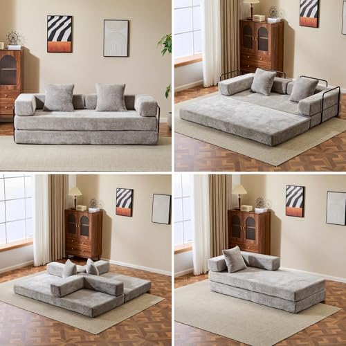 Convertible Floor Sofa Bed, Foldable Mattress Cloud Couch with Pillow Back & Armrest, Chenille Sleeper Sofa Bed with Fixed-Shape Frame