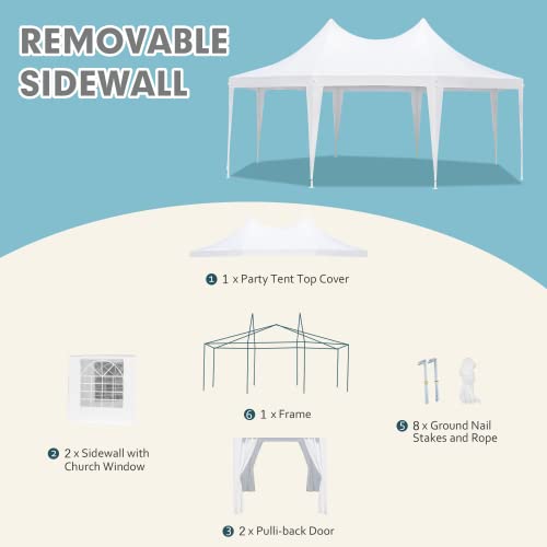 EROMMY 26x19ft Party Tent, White Wedding Tent, Decagonal Heavy Duty Canopy with 8 Removable Sidewalls, 8 Church Windows and 2 Pull-Back Doors