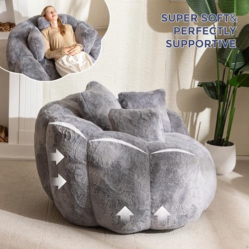 MAXYOYO Bean Bag Chair for Adults, Floral Shaped Bean Bag Sofa, Ultra Soft Faux Fur Floor Sofa, Large Reading Chair for Living Room Bedroom, Beige