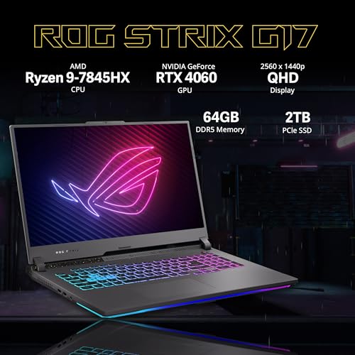 ASUS ROG Strix G17 17.3" QHD 240Hz Gaming Laptop, AMD Ryzen 9-7845HX, 64GB DDR5, 2TB PCIe SSD, NVIDIA GeForce RTX 4060, RGB Backlit Keyboard