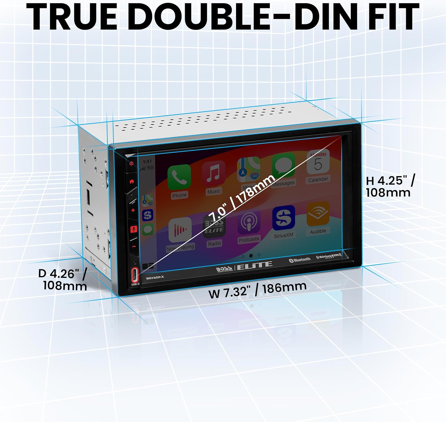 BOSS Audio Systems Elite BE7ACP.X Double DIN Car Stereo Apple CarPlay Android Auto, 7 Inch Touchscreen, Sirius XM-Ready, Bluetooth, Multicolor Panel