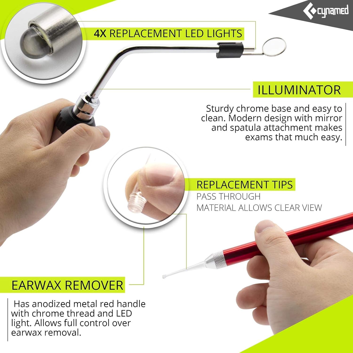 CynaMed ENT Diagnostic Kit - Ear, Nose, Throat Examination Instruments Set - Otoscope, Opthalmoscope, Earwax Remover, Nasal Dilator, Speculum