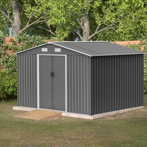 4×8 FT Outdoor Metal Storage Shed,Heavy-Duty Lean to Storage Shed with Floor Base,Garden Tool Metal Storage House W/Lockable Door and 2 Air Vents