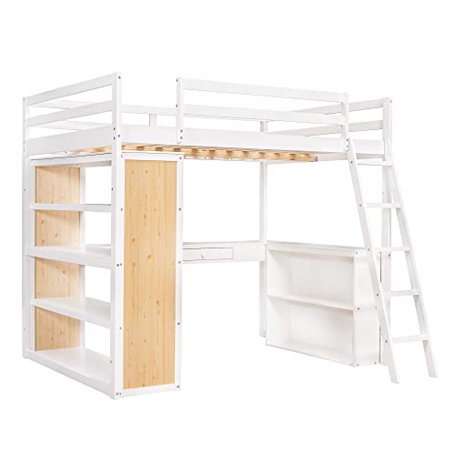 Twin Loft Bed with Staircase, Desk and Wardrobe, Wood Loft Bed with Storage Shelves and Safety Guardrail