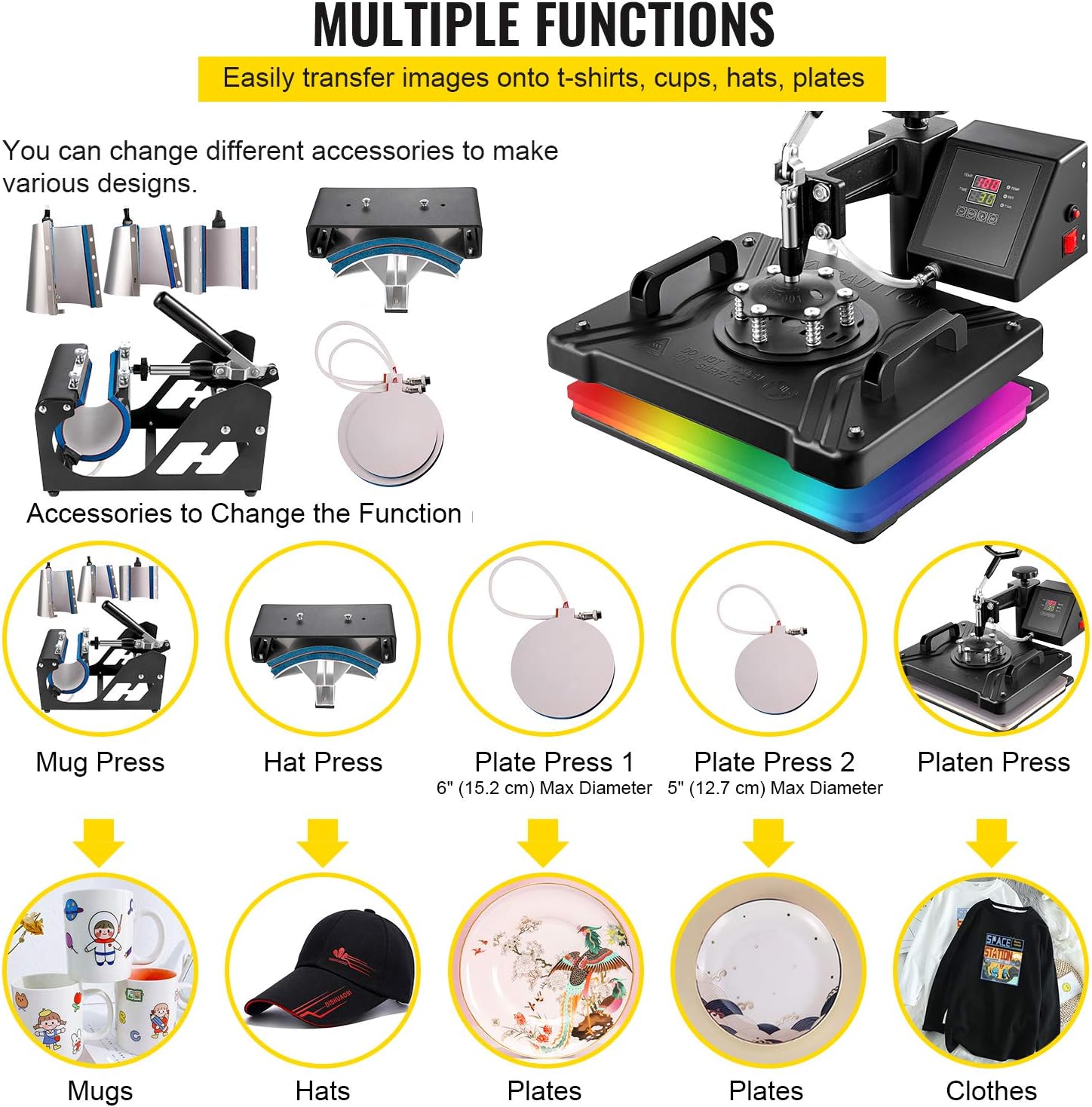 VEVOR Heat Press Machine, 15x15 Inch, 5 in 1 Combo Swing Away T-Shirt Sublimation Transfer Printer with Teflon Coated, Precise Heat Control