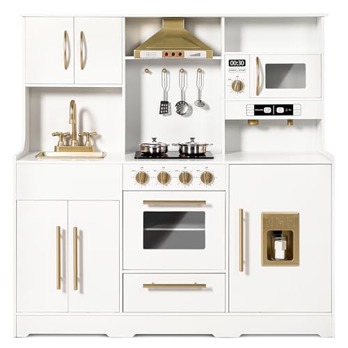 Kinder King Wooden Kids Play Kitchen, Toy Kitchen Playset for Toddler, Play Kitchen Set w/Real Sounds, Pretend Coffee Machine, Kitchen Hood, Sink